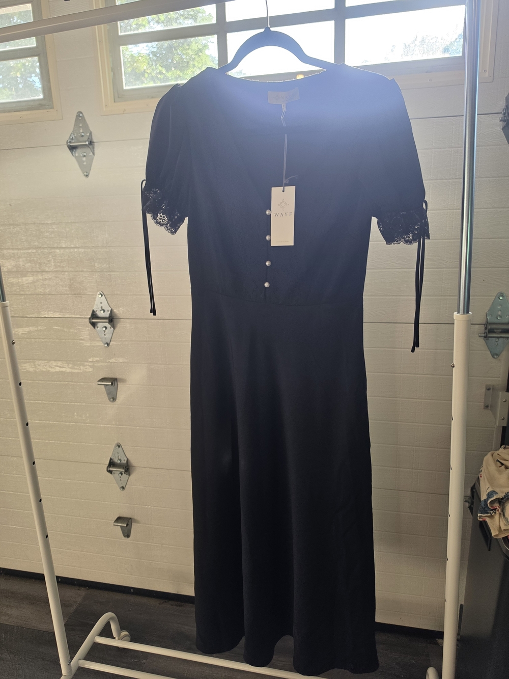 WAYF Black Lace-Sleeve Midi Dress Size S